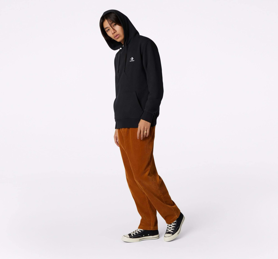 Embroidered Star Chevron French Terry Pullover Hoodie-Black-S