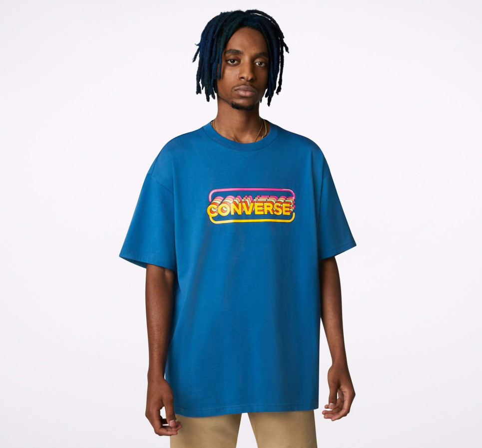 Arcade Retro Graphic Crew Neck T-Shirt-Blue-L