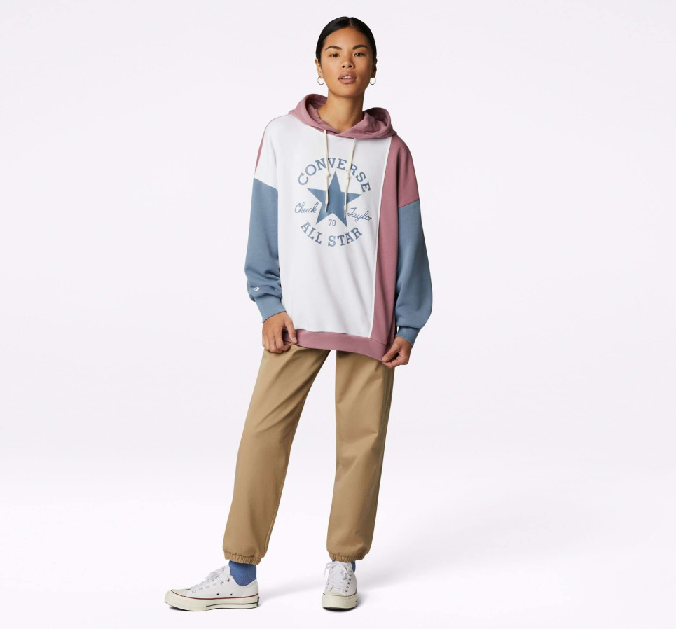 Oversized Color-Blocked Pullover Hoodie-Pink-L