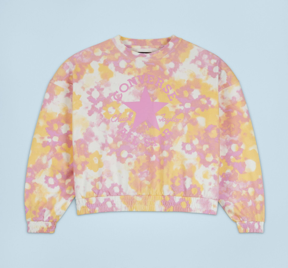 Washed Floral Cotton Crew Neck Shirt-Pink-S