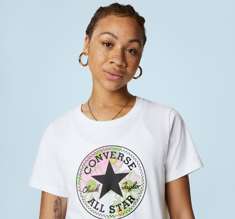 Floral Print Patch T-Shirt-White-XS